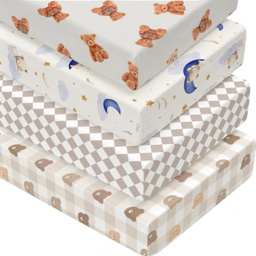 Image of 4 Pack Teddy Bear Crib Sheet Set for Boys or Girls, Neutral Soft Breathable Fitted Checkered Crib Sheet, Bear Nursery Decor for Standard Crib and Toddler Bed Mattresses 28 x 52 in