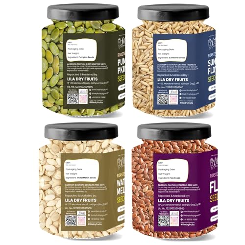 Image of LILA DRY FRUITS Roasted Seeds Combo Pack Pumpkin Sunflower Watermelon Flax Seeds 800 Grams (200g x 4) | Daily Nutrition Mix for Family & Office | Crunchy Healthy Snack Perfect for Gifting