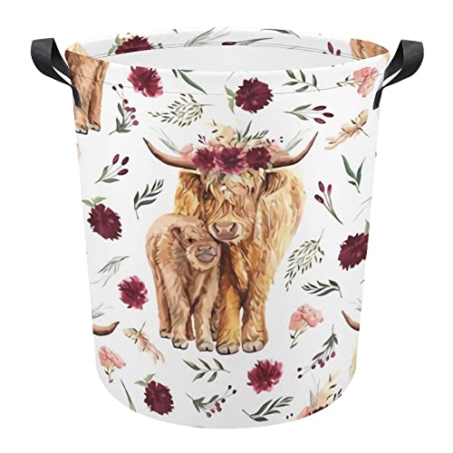 Image of RENJUNDUN Floral Highland Cow Storage Basket Collapsible Toys Storage Box Bin Laundry Organizer for Closet Shelf Nursery Kids Bedroom, 17.3'' Hx16.5''D