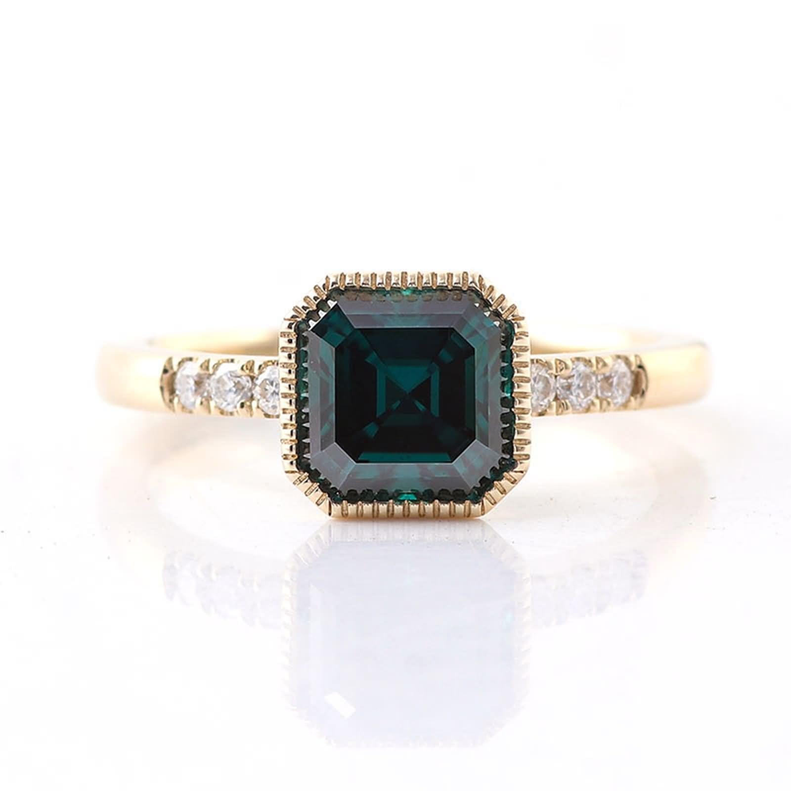 Anillos para mujer dedo medio, anillo de boda cuadrado con verde esmeralda fabricada en laboratorio