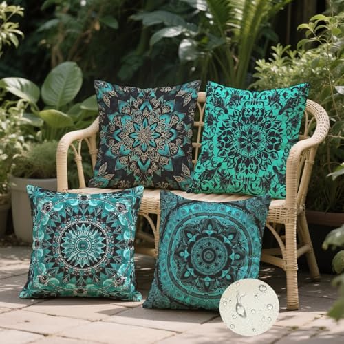 Housse coussin 45x45 mandala bleu imperméable pour canapé k-714