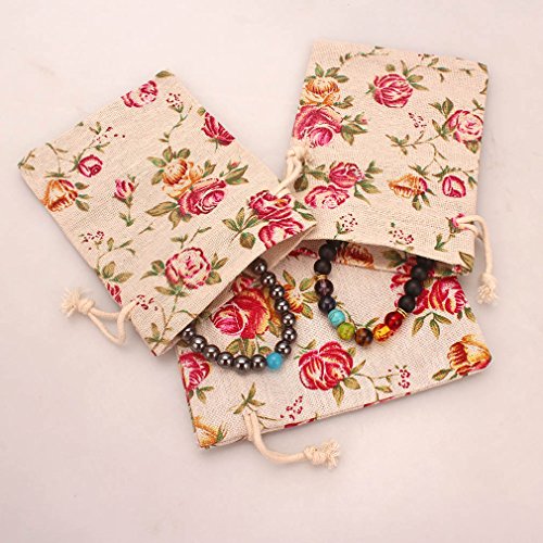 Fasoty Lot Of 24 Rose Drawstring Burlap Bags Flower Pouches Bags Linen Gift Bags Floral Jewelry Pouch Jute Sacks For Wedding Favor Party Gifts, Bridal Shower, Birthday, Diy Craft, 3.7X5.2 Inch #TOP5