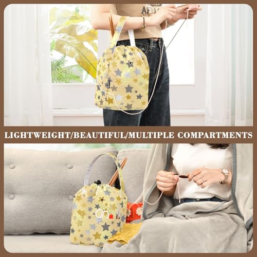 Image of ElliTarr Crochet Bag Yarn Bag with Handle Portable Knitting Project Bag Travel Yarn Storage Organizer Holder Case Cute Silver and Golden Stars