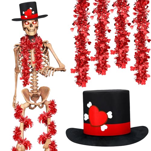 Geyoga Valentine's Day 12 ft Skeleton Giant Skeleton Clothes Heart Accessories Hat with 2 Red Metallic Tinsel Garlands for Valentine 12 ft Outdoor Decoration, Skull Not Included