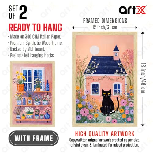 Image of ArtX Paper Boho Cat Art Paintings with Frame for Home Decor, Abstract Wall Painting for Living Room, Multicolor, Natural Wood Color Frames, 12.0 x 18.0 inch, Set of 2