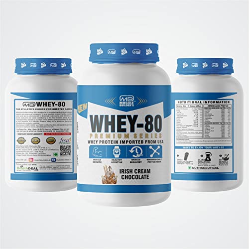 Image of M B Muscle Builder's Whey Protein Powder with added digestive enzymes | Sports & Protein Supplements | Protein 24g & BCAA 6g per serving - 2 lb, Irish Cream Chocolate Flavour