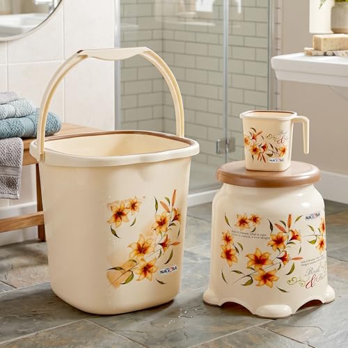 Nayasa Plastic Sqr DLX 3 Pcs Bathroom Set | Bucket 18 L + Mug 1.5 L + 508 DLX Stool | Bathroom Set | Bath Set for Bathroom | Off - White