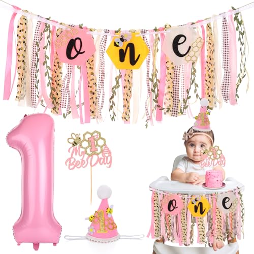 Image of Happy 1st Bee Day Highchair Banner for Girls Birthday Party Decorations | Pink Bumble Bee High Chair Fabric Banner for Bee First Birthday High Chair Tassel Banner for Backdrop Decoration Photo Props