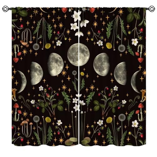 JanJCurt Moon Phase Curtains, Vintage Botanical Mushroom Wildflower Gothic Night Moonlit Mysterious Witchy Window Treatments for Living Room Bedroom Kitchen, 42x45 Inch (No Blackout)
