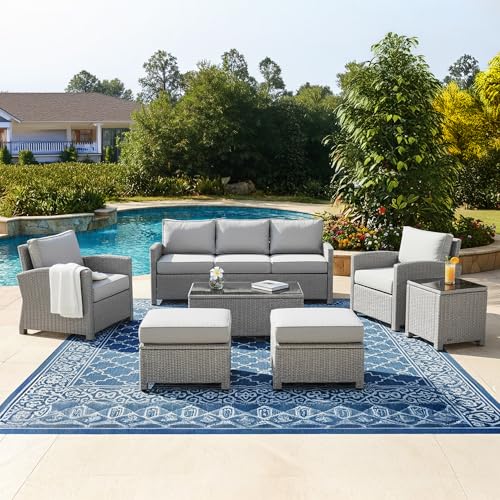 DEVOKO 7 Piece Outdoor Conversation Patio Furniture Set All Weather Wicker Sectional Couch 7 Seater Sofa With Center Table Ottoman For Garden,Terrace,Porch,Lawn,Backyard(Silver&Grey)