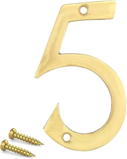 TERF® 3 Inch (75mm) Brass Polished Finish Screw Fix Front Door Number '' 5 '' Mailbox Hotel House Door Number Suitable for All Door Types Wooden, u PVC and Composite With Fixing Screw [ Number - 5 ]