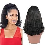 Aisaide Kinky Straight Drawstring Ponytail for Black Women Synthetic Short Yaki Straight Drawstring Ponytail Extension Black Yaki Kinky Ponytail Warping Hair Piece 16inch 1B#