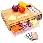 Chopping Board with Containers | Large Bamboo Carving & Cutting Board with Juice Grooves & Easy-Grip Handle | Sliding Opening Drawer Organiser for Vegetables & Fruits | Easy Transport & Cleanup