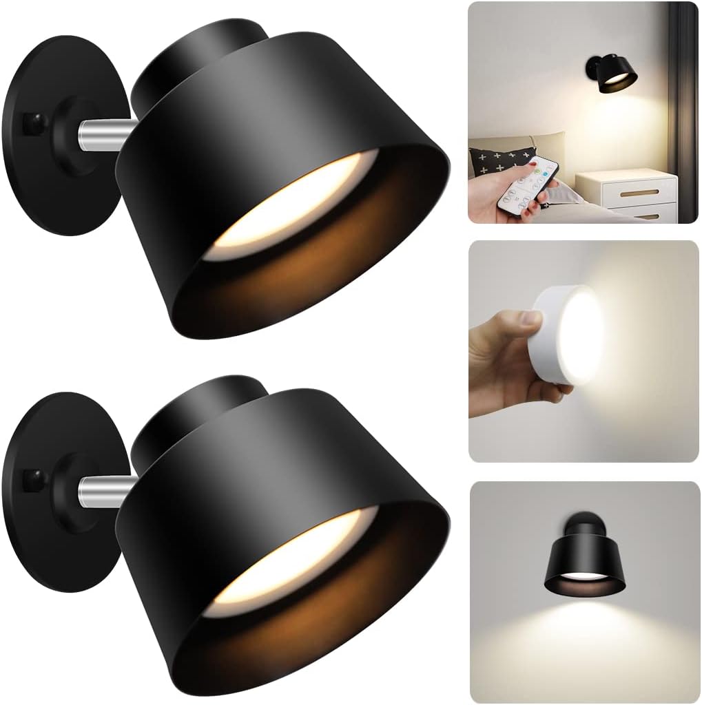 AIBOO Night Light Wireless Wall Light Indoor LED 2 Pack,Battery Operated Wall Lights Rechargeable Lamp with Remote,Touch Lamp Dimmable Wall Sconces Bedside Lamp for Bedroom Livingroom (Black, 2Pack)