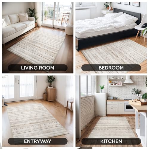 Small Area Rug-2x3 Entryway Rug Non Slip Washable Low Pile Indoor Door Mat Neutral Distressed Boho Moroccan Entrance Rugs Carpet for Bedroom Kitchen Powder Room Front Porch Bathroom, Brown