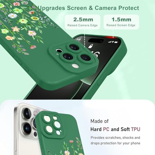 Image of Designed for iPhone 16 Pro Max Case Flower for Women Girls, Green | Cute Floral Pattern Liquid Silicone Phone Case [Full Camera Protection] Slim Soft TPU Protective Cover