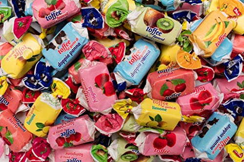Surtido Toffe Mix - Caramelo masticable, con sabores variados (fresa, limón, plátano, leche y cereza), vistosos envoltorios, bolsa de un kilo, sin gluten