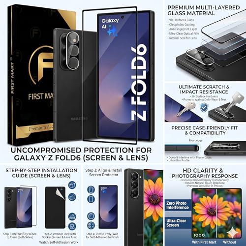 Image of FIRST MART Tempered Glass for Samsung Galaxy Z Fold 6 with Black Camera Lens Protector & Installation Kit | HD Clear, Edge-to-Edge, Scratch Resistant, Case-Friendly | Pack of 1