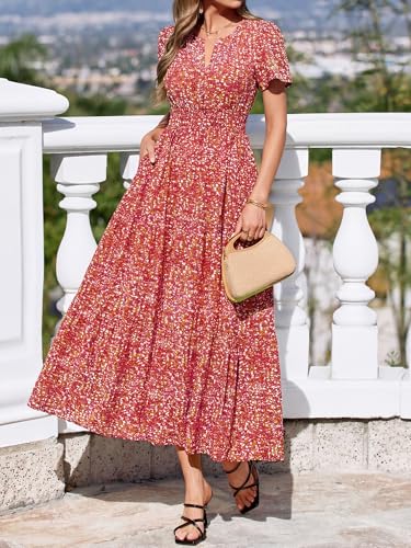 Image of BTFBM Womens Summer Floral Maxi Dresses V Neck Short Sleeve Boho Casual Flowy Long Wedding Guest Dress Beach Vacation