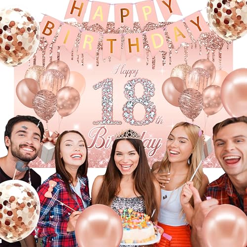 Image of 18th Birthday Decorations for Girls,rose gold happy birthday banner,happy 18th birthday Backdrop, it's my 18th Birthday Sash, Sweet Rhinestone Tiara Crown,18th Balloons, Rose Gold