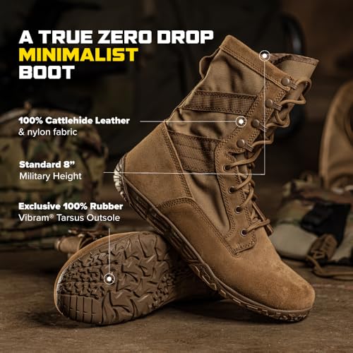 TACTICAL RESEARCH Mini-Mil TR105 8" Tactical Boots for Men - Minimalist Military Boots - Army/Air Force OCP ACU Coyote Brown Leather with Low Drop & Slip-Resistant Vibram Tarsus Outsole4