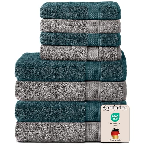 Komfortec 8er Handtuch Set aus 100% Baumwolle, 4 Badetücher 70x140 und 4 Handtücher 50x100 cm, Frottee, Weich, Towel, Groß, Anthraizt Grau/Petrol