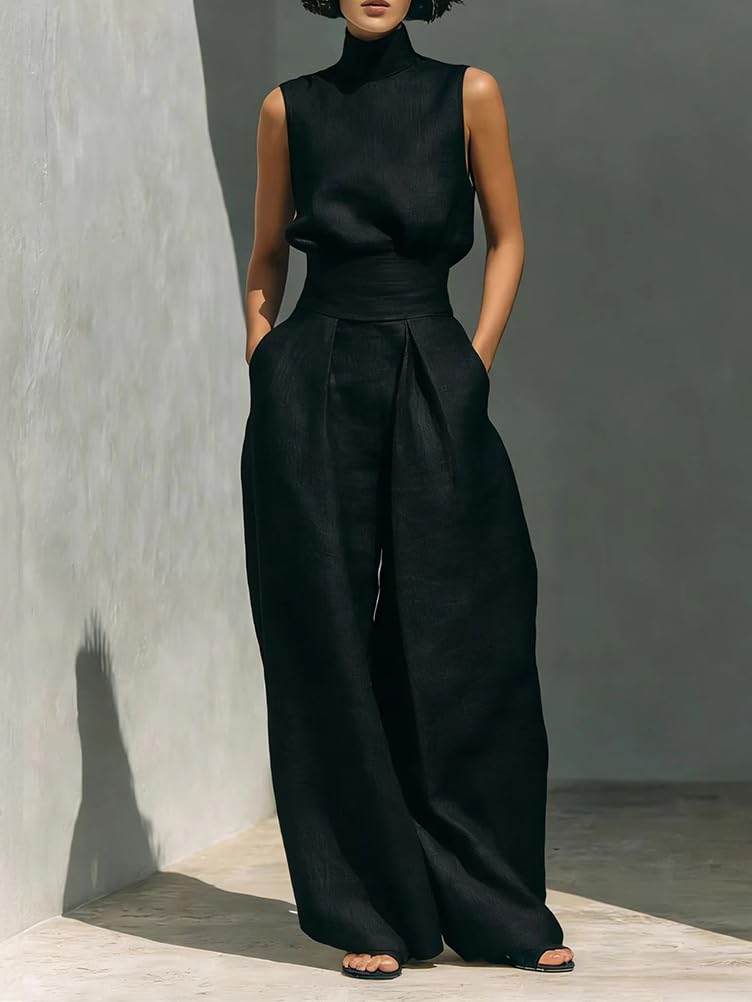 shownicer Ensemble Femme Coton et Lin 2 Pièces Chic et Elegant Tenue sans Manche Débardeurs Et Pantalon Ensembles Ete Décontractée Tenue