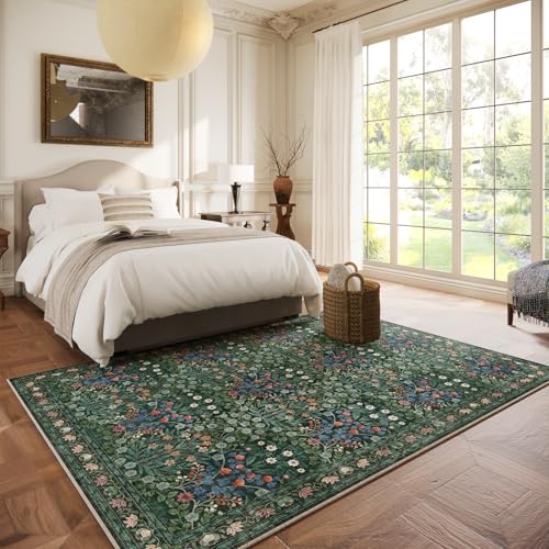 Image of Floral Dark Green Area Rugs 5x7, Soft Washable Non-Slip Low Pile Boho Rugs for Living Room & Bedroom, Stain Resistant Forest Farmhouse Large Carpet for Dining Room & Office