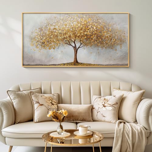 Large Framed Tree of Life Gold Wall Art for Living Room, Canvas Prints Paintings Artwork for Walls, Modern Luxury Golden Big Tree Pictures for Hallway Dining Room Bedroom Office Wall Decor 30×60 In