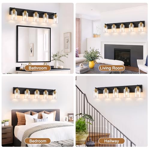 Image of 5-Light Black and Gold Bathroom Vanity Light, Clear Glass Shade | 35.4 inch Wall Mount Over Mirror Lighting Fixtures, Brushed Gold Finish, Durable Metal, Modern Farmhouse Style, for Bathroom
