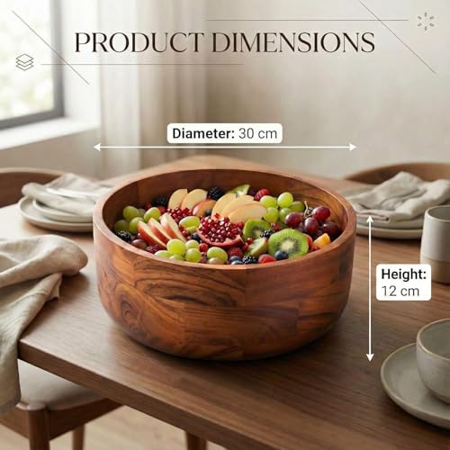 Wood Vibes Wooden Salad Bowl 12 Inch Large Wood Salad Bowl for Family Serving, Rustic Wood Bowls Centerpiece for Salads, Pasta, Fruit and Snacks At Home by Wood Vibes - Image 6