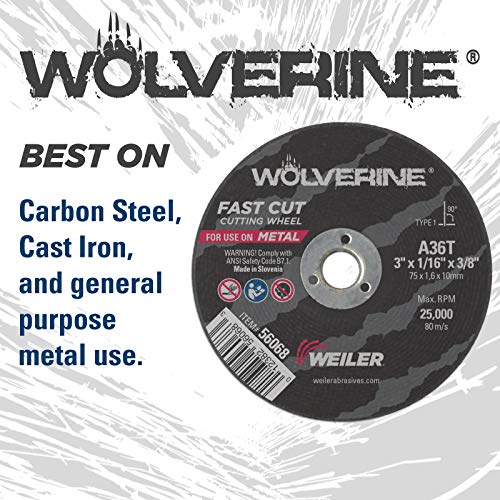Image of Weiler 56068 3-Inch Cutting Wheel, Wolverine AO Steel /Metal Fast Cut, Value Cutting, 1 /16 inch A36T Type 1 3 /8 inch Arbor (Pack of 100)