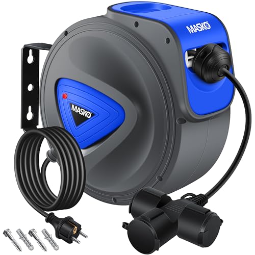 MASKO® Enrouleur de câble/tuyau automatique, 20 m, pour atelier, avec connecteur à 3 positions, rotatif à 180°, câble de 1,5 m, support mural, gants