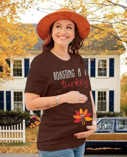 FASHGL Thanksgiving Pregnancy Shirt Women Funny Roasting a Little Turkey T-Shirt Cute Pregnancy Announcement Tee Tops4