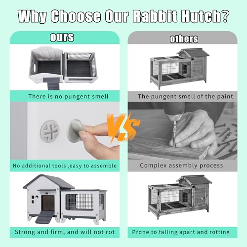 Rabbit Hutch Indoor & Outdoor with Extended Play Area, Plastic Rabbit Hutch with Sloped Roof Drainage, Panoramic Windows, Urine Barrier & Pull-Out Tray, Rabbit Cage with Run Easy to Clean and Assemble - Image 4