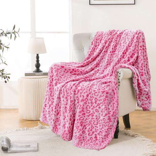 Bnuitland Pink Leopard Print Flannel Throw Blanket, 300 GSM Double Sided Fuzzy Fluffy for Bed Sofa Couch Travel, Super Soft Lightweight Cheetah Print Blanket for Adults and Kids, 50×40 inch