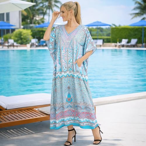 Image of Miss Lavish London Teal Ethnic Print Kaftan Dresses for Women V Neck Batwing Sleeve Beach Vacation Bikini Swimsuit Cover Ups, Plus Size African&Dubai Caftan Maxi Beach Dress with Side Slits-Teal-3XL