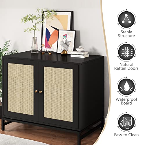 Awqm Sideboard Buffet Cabinet With Storage,Rattan Cabinet Accent Cabinet With 2 Doors,Kitchen Sideboard Storage Cabinet Cupboard Console Table With Adjustable Shelves For Dining Room,Hallway,Black #TOP6