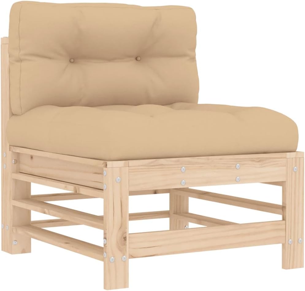 Outdoor Modular Sofa Middle Section, Solid Pine Wood Patio Furniture for Garden Balcony, Rustic Beige Cushioned Loveseat with Waterproof Cover, Medium Size 25 Inch Wide, Easy Assembly