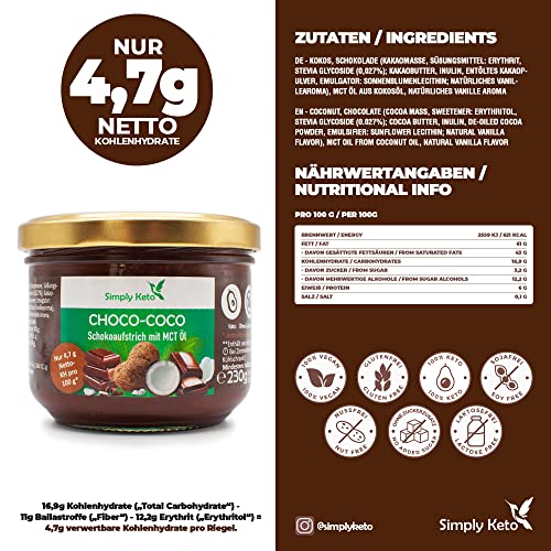 Simply Keto Choco-Coco Creme - Schokoaufstrich mit MCT Öl (Kokosöl) - Für Lower Carb* & Keto Ernährung - Ohne Palmöl & Zuckerzusatz - Gesüßt mit Erythrit - Glutenfrei & Vegan - 230ml – Bild 6