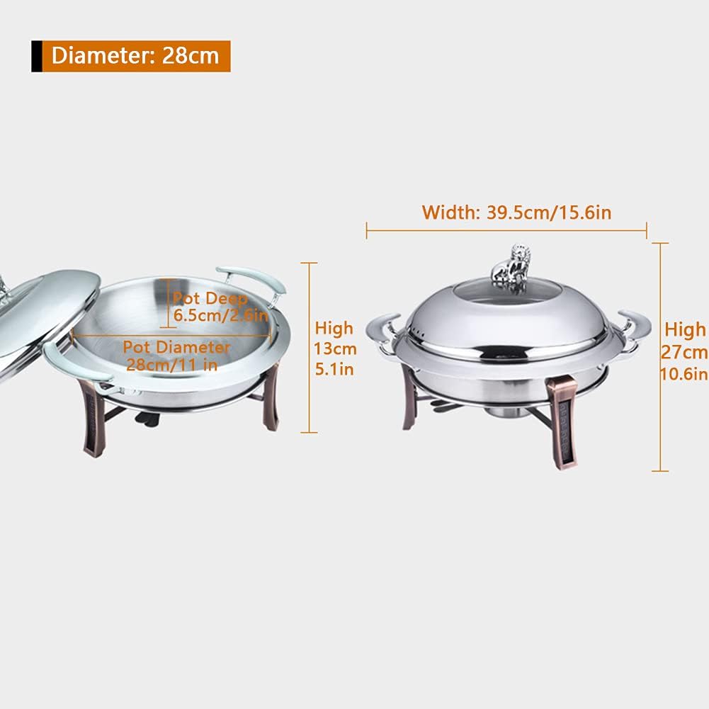 Full Size Round Hot Pot 6-Pack, Stainless Steel and Buffet Warmer Set with Food Plate, Frame, Lid and Fuel Rack for Catering Party Events,