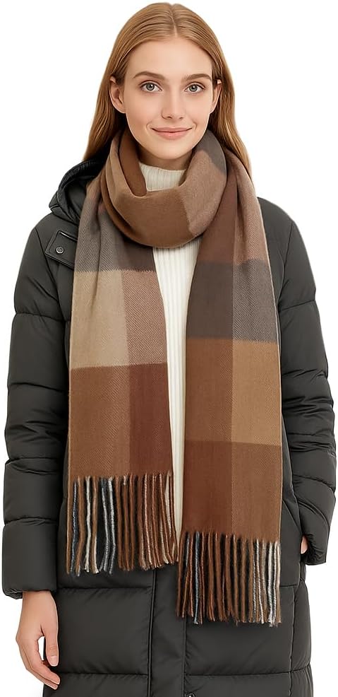 Plaid Winter Scarf, Soft Cashmere-Feel Wrap Shawl with Fringe Tassels, Classic Checkered Pattern for Women