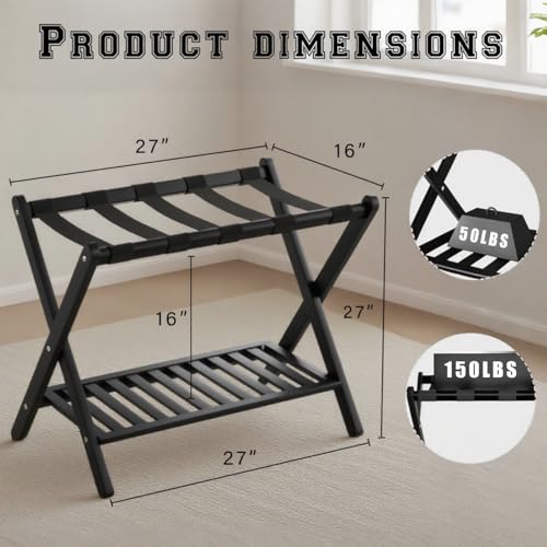 Image of Bamboo Luggage Rack with Shoe Shelf Folding Suitcase Stand with 5 Heavy-Duty Straps for Guest Room Living Room Hotel Ideal Luggage Holder for Suitcases Bags Shoes,Black