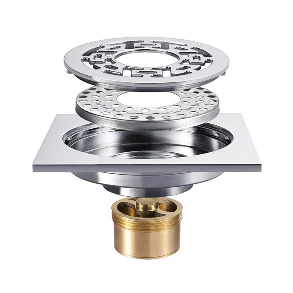 Siphon de sol de douche, siphon de douche for machine à laver, siphon de sol carré de 4 pouces en laiton chromé siphon de sol de douche avec grille de couvercle amovible, siphon de douche de salle de