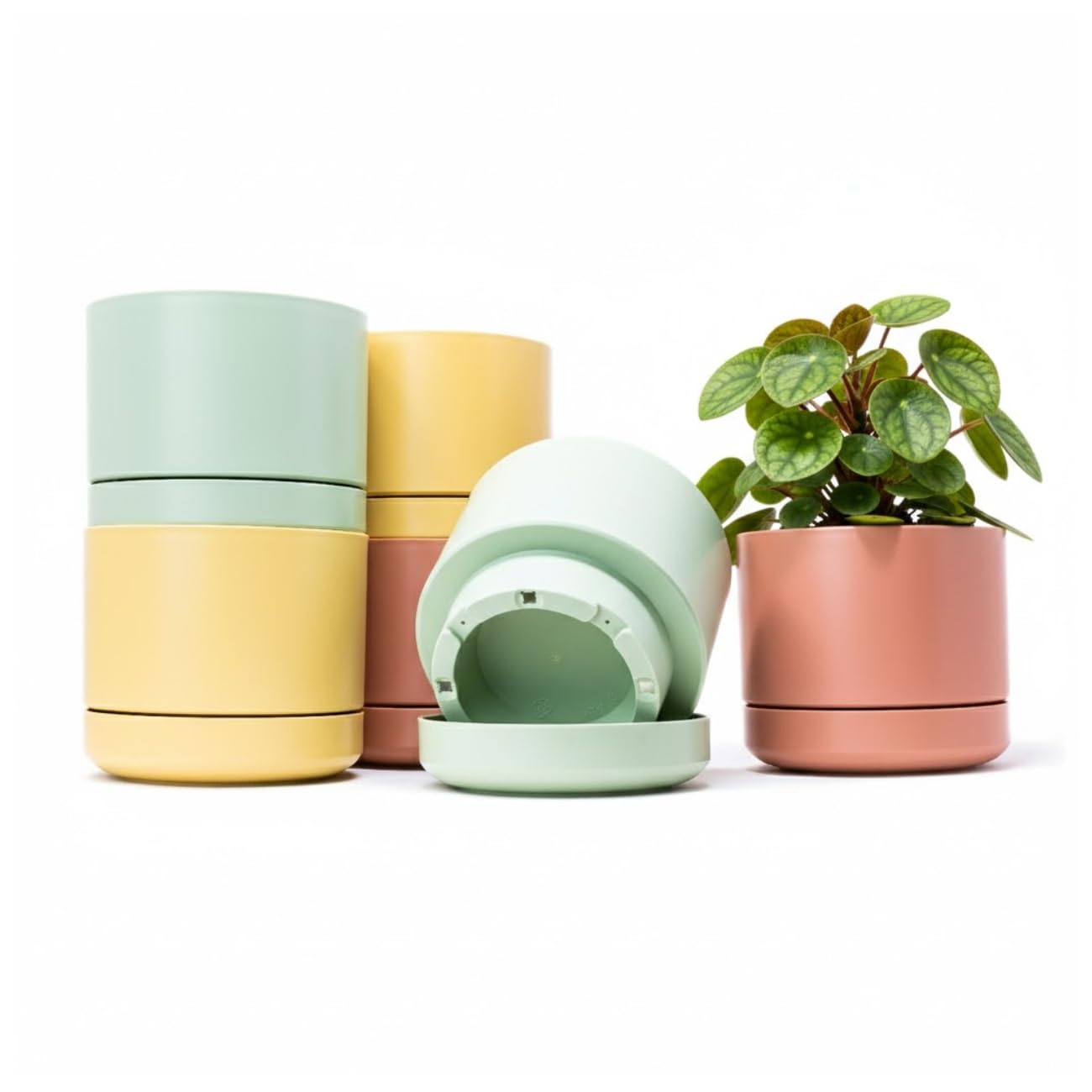 Maceteros Decorativos Interior Exterior 14 cm Pack 6 Macetas Plástico con Plato Incorporado, Tiestos para Plantas Interior, Plástico Resistente, Macetas Decorativas Modernas (6 x Pastel 14cm)