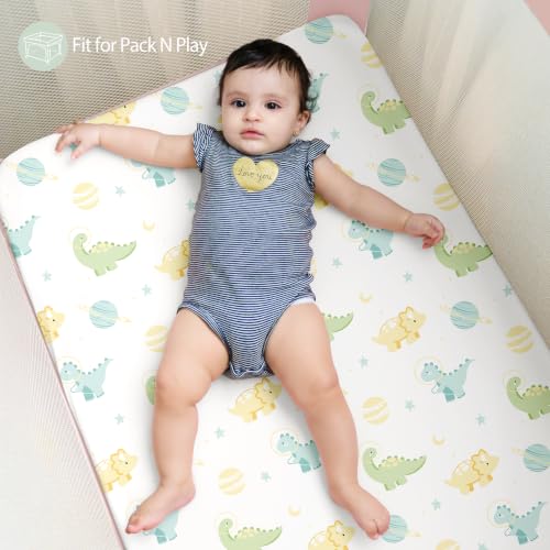 Image of Baby Mini Crib Sheets Boy, Portable 38 inchx26 inch Pack and Play Sheets Fitted for Playard and Pack N Play Mattress, 3-Pack Soft Microfiber Green Dinosaur Planet