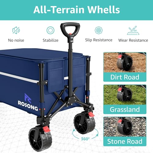 Image of ROSONG Collapsible Wagon Cart with Wheels Foldable - Folding Utility Heavy Duty Wagons Carts for Grocery Sports Garden Shopping Camping Wheelbarrows (120L Dark Blue with Lid)