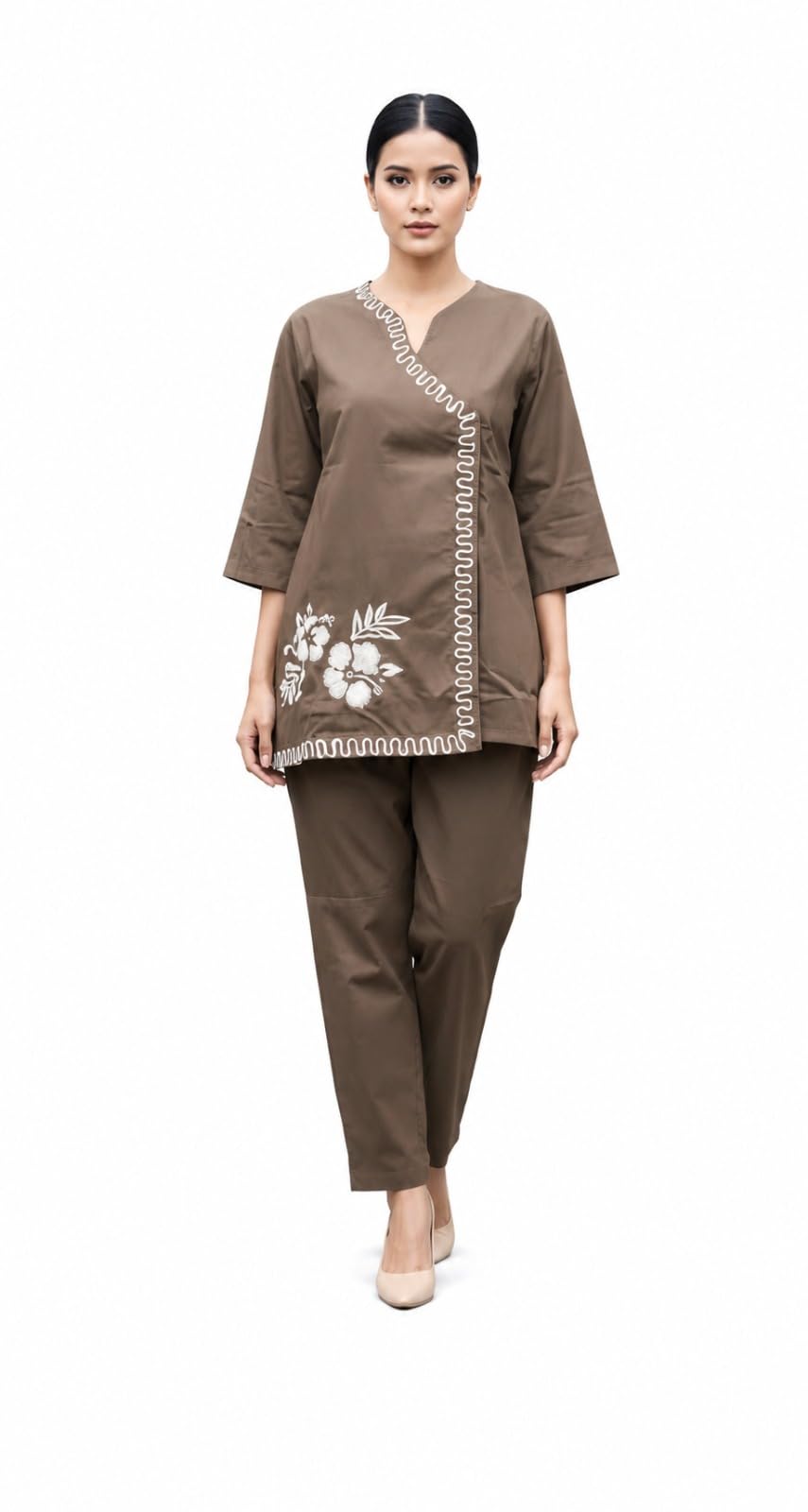 Women’s Solid Kurta Pant Set with Embroidery, Stylish Ethnic Wear with 3/4 Sleeves V-Neck Design, Soft & Comfortable Daily Wear Outfit, Casual Office Wear Kurti Set for Women-image-37