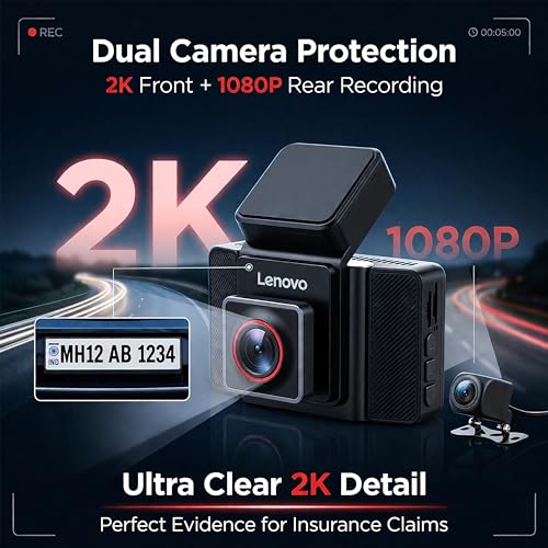 Image of Lenovo Dual Dash Camera for Car - 3 inch IPS Touch Display, 2K Front + 1080P Rear, GPS, WiFi, Remote Live View, 24H Parking Monitor, G-Sensor, T8-B2C