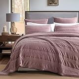HORIMOTE HOME Luxury Velvet Quilt Set Queen Size, Soft & Stylish Velvet Bedding Set Crinkle Ruched Lightweight Comforter Bedspread Coverlet Full/Queen Size with 2 Shams for All Season, Mauve Pink